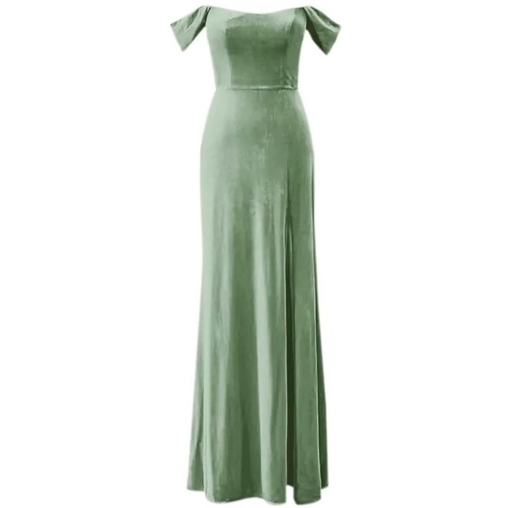 Sage Green Mermaid Off Shoulder Velvet Bridesmaid Dress with Slit